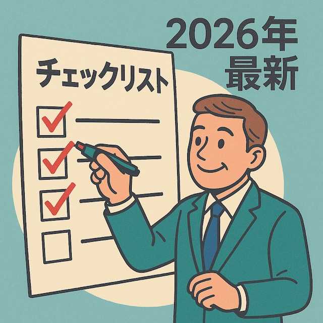 スーツ姿の中小企業経営者が大きなチェックリストにチェックを入れているイラスト。背景には「2026年最新」の文字が描かれ、最新の会社選びを表現。