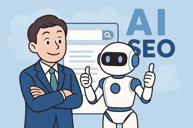 スーツ姿の中小企業経営者とAIロボットが並んで検索画面を見ているイラスト。背景には「AI」「SEO」の文字が描かれ、未来のSEO戦略を表現している。