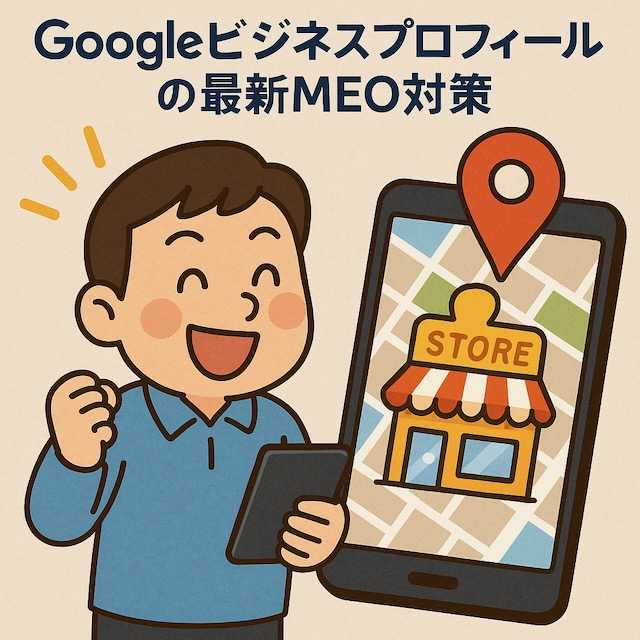 中小企業のオーナーがスマホのGoogleマップで自社店舗を見つけて喜んでいるイラスト。地図に赤いピンと店舗アイコンが表示され、集客効果を表現。