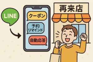 LINEアプリの画面に「クーポン」「予約リマインド」「自動応答」の吹き出しが表示され、喜んで再来店する顧客が描かれたイラスト。