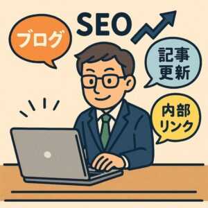 中小企業経営者がノートパソコンでブログを書いているイラスト。背景に「SEO」「記事更新」「内部リンク」の吹き出しと上昇矢印が描かれ、成果につながるブログ戦略を表現。