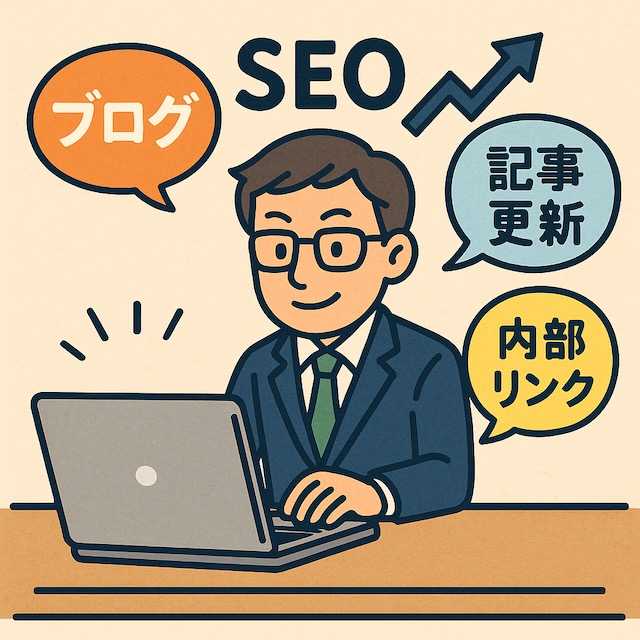 中小企業経営者がノートパソコンでブログを書いているイラスト。背景に「SEO」「記事更新」「内部リンク」の吹き出しと上昇矢印が描かれ、成果につながるブログ戦略を表現。