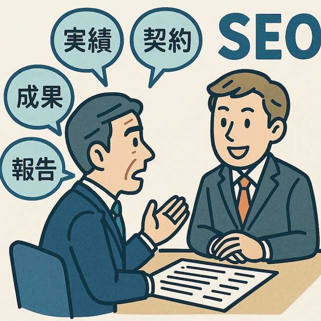 経営者がSEO会社担当者に質問しているイラスト。吹き出しに「実績」「契約」「手法」「成果」「報告」と書かれ、依頼前に確認すべき内容を表現している。