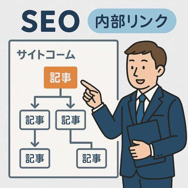経営者がSEO内部リンクの仕組みを説明しているイラスト。記事同士が矢印でつながったサイト構造図が描かれ、検索評価を高める戦略を表現している。