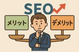 経営者が「メリット」と「デメリット」のボードを見比べて悩んでいるイラスト。背景に「SEO」と上昇矢印が描かれ、外注の判断を象徴している。