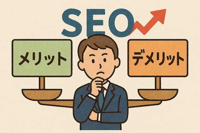 経営者が「メリット」と「デメリット」のボードを見比べて悩んでいるイラスト。背景に「SEO」と上昇矢印が描かれ、外注の判断を象徴している。
