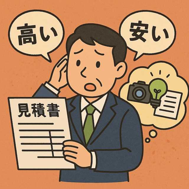 中小企業経営者が「見積書」を見て悩んでいるイラスト。吹き出しに「高い」「安い」があり、思考バブルにはカメラや原稿、電球が描かれコスト削減の工夫を示している。