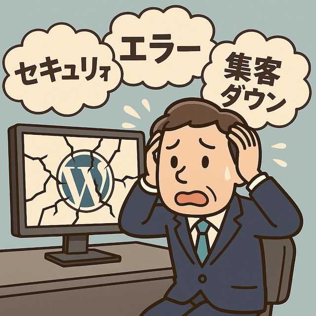 壊れたWordPressサイトを前に困惑する中小企業経営者のイラスト。頭上に「セキュリティ」「エラー」「集客ダウン」の文字が浮かび、保守契約の必要性を強調している。