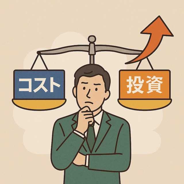 天秤に「コスト」と「投資」が乗り、投資側に上昇矢印が描かれているイラスト。経営者が考え込む姿で、制作を投資と捉える視点を表現している。
