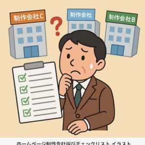 中小企業経営者が3つの制作会社を前に迷っているユーモラスなイラスト。手にはチェックリストを持ち、選択に悩む様子を表現。