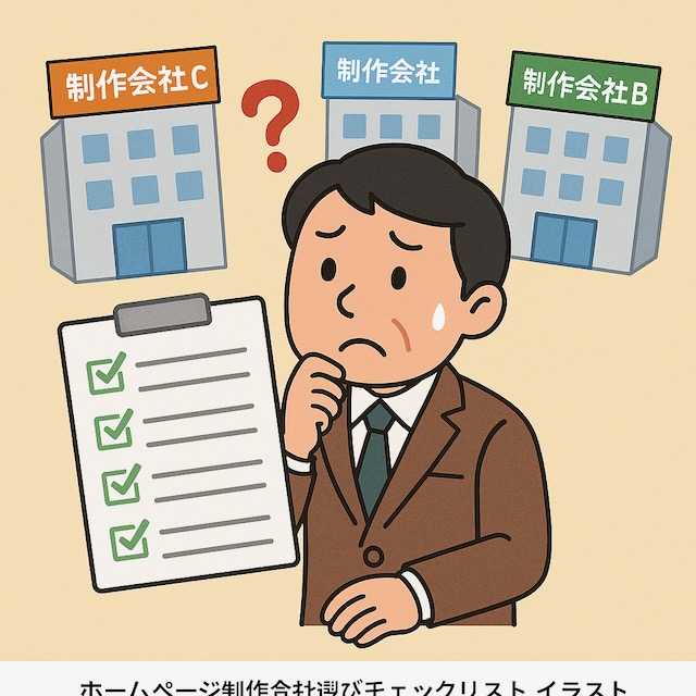 中小企業経営者が3つの制作会社を前に迷っているユーモラスなイラスト。手にはチェックリストを持ち、選択に悩む様子を表現。