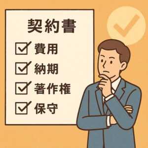 契約書に「費用」「納期」「著作権」「保守」と書かれた項目をチェックしながら確認するスーツ姿の経営者のイラスト。契約内容を慎重に見直している様子を表現。