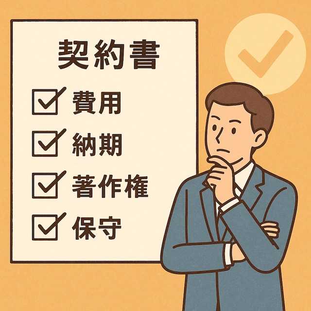 契約書に「費用」「納期」「著作権」「保守」と書かれた項目をチェックしながら確認するスーツ姿の経営者のイラスト。契約内容を慎重に見直している様子を表現。