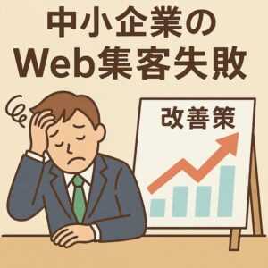頭を抱える中小企業経営者の隣に、改善策と書かれた上昇グラフが描かれているイラスト。失敗から成功への転換を象徴している。