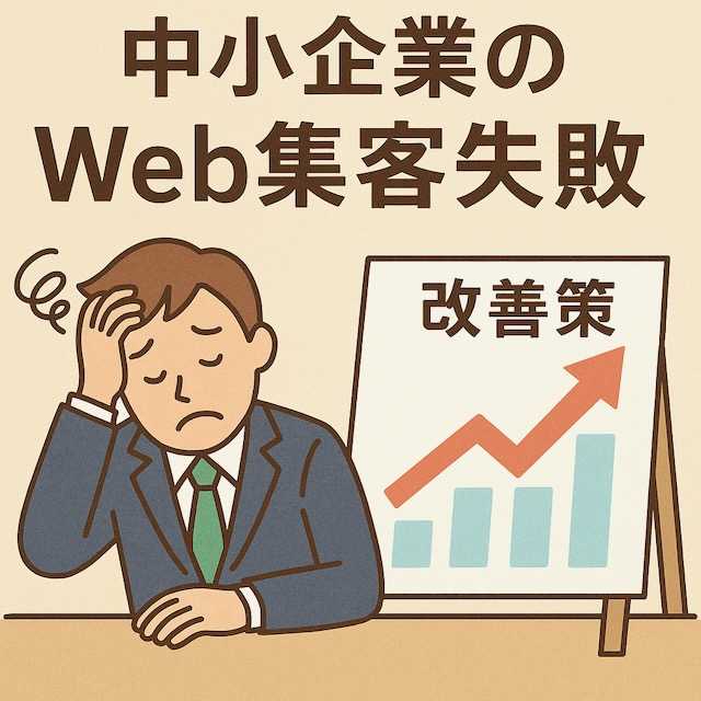 頭を抱える中小企業経営者の隣に、改善策と書かれた上昇グラフが描かれているイラスト。失敗から成功への転換を象徴している。