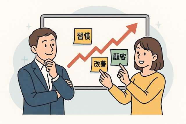経営者とスタッフがホワイトボードに「習慣」「改善」「顧客」と書かれた付箋を貼り、背景に上昇矢印が描かれているイラスト。売上成長を象徴している。