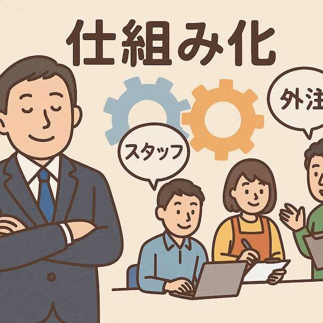 経営者が腕を組んで安心した表情で立ち、スタッフと外注パートナーが作業を進めているイラスト。背景に歯車と「仕組み化」「スタッフ」「外注」の文字が描かれている。