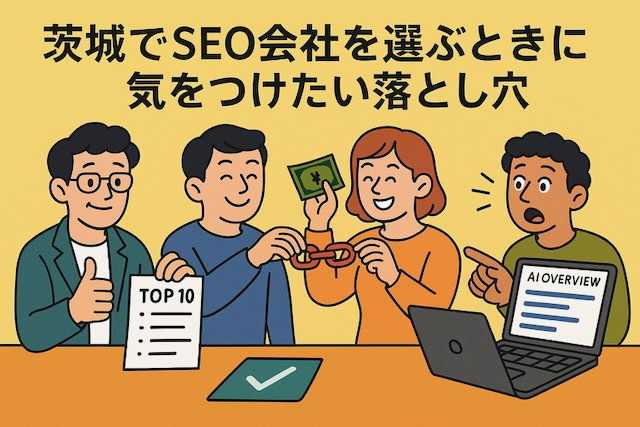 4人の人物が「TOP 10」の紙やお金、赤いリンクの鎖をやり取りしながら笑顔で作業している様子。横には「AI OVERVIEW」と表示されたノートPCがあり、全員が「正しいことをしている」と思い込んでいるが、実際にはSEOの不自然な操作を象徴している風刺イラスト。