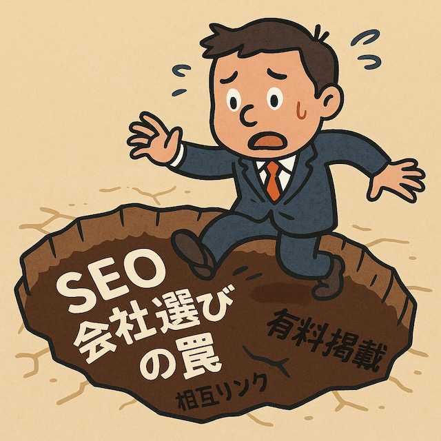 中小企業経営者が「SEO会社選びの罠」と書かれた落とし穴に落ちそうになって慌てているイラスト。穴の中には「相互リンク」「有料掲載」と表示。