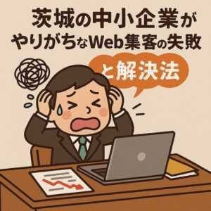 困った表情の中小企業経営者がデスクで頭を抱える可愛いイラスト。パソコンと赤い下降グラフの紙が置かれ、Web集客の失敗をユーモラスに表現している。