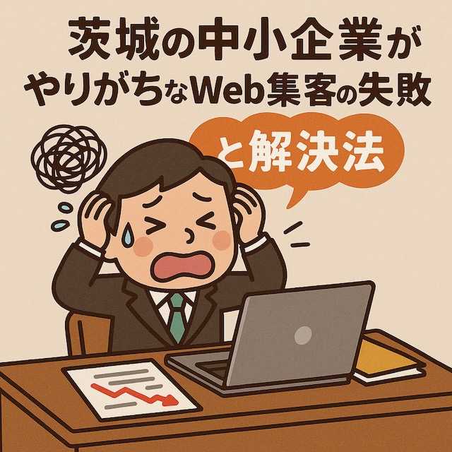 困った表情の中小企業経営者がデスクで頭を抱える可愛いイラスト。パソコンと赤い下降グラフの紙が置かれ、Web集客の失敗をユーモラスに表現している。