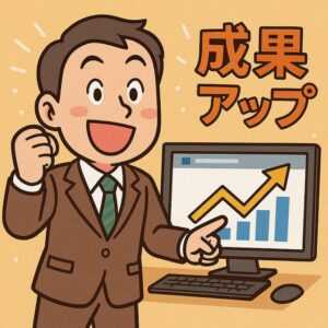 成果アップの文字と上昇グラフを背景に、中小企業経営者が喜んで拳を上げているイラスト。Web集客で成果を出した様子を表現。