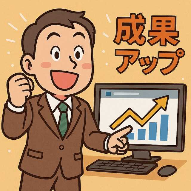 成果アップの文字と上昇グラフを背景に、中小企業経営者が喜んで拳を上げているイラスト。Web集客で成果を出した様子を表現。