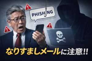 茨城県の中小企業経営者がなりすましメール被害に驚いているイメージ。フィッシング詐欺やメールセキュリティ対策の重要性を示すサムネイル画像。