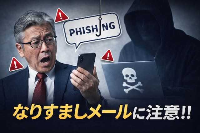 茨城県の中小企業経営者がなりすましメール被害に驚いているイメージ。フィッシング詐欺やメールセキュリティ対策の重要性を示すサムネイル画像。