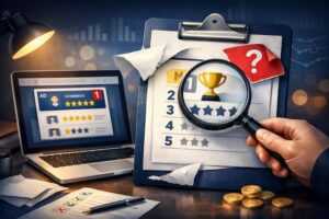 ホームページ制作会社のランキングや比較サイトの仕組みを表したイメージ（レビューとランキングを確認する様子）