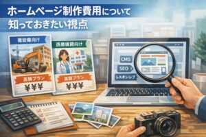 ホームページ制作費用の目安を解説するイメージ。建設業・医療・不動産などの業界サイトと、CMSやSEOなど共通するWebサイト構造を示した図。