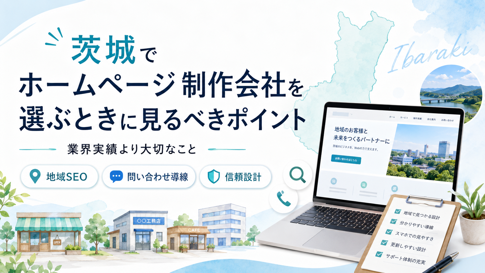 茨城でホームページ制作会社を選ぶ際に、地域SEO・問い合わせ導線・信頼設計など確認すべきポイントを示したブログ用イメージ